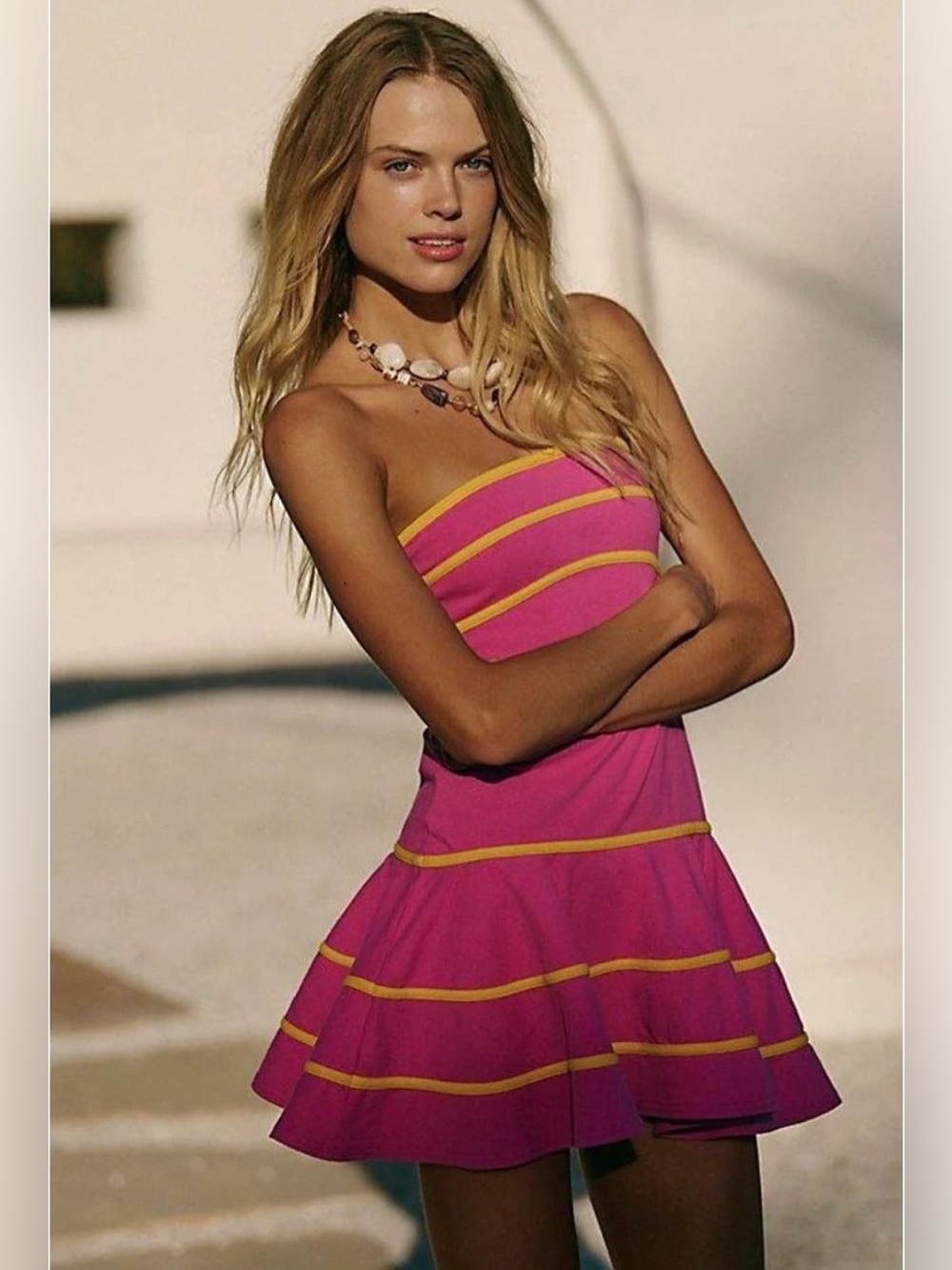 🛍️Free People Large Pink Ravine Strapless Mini Dress with Yellow Stripes